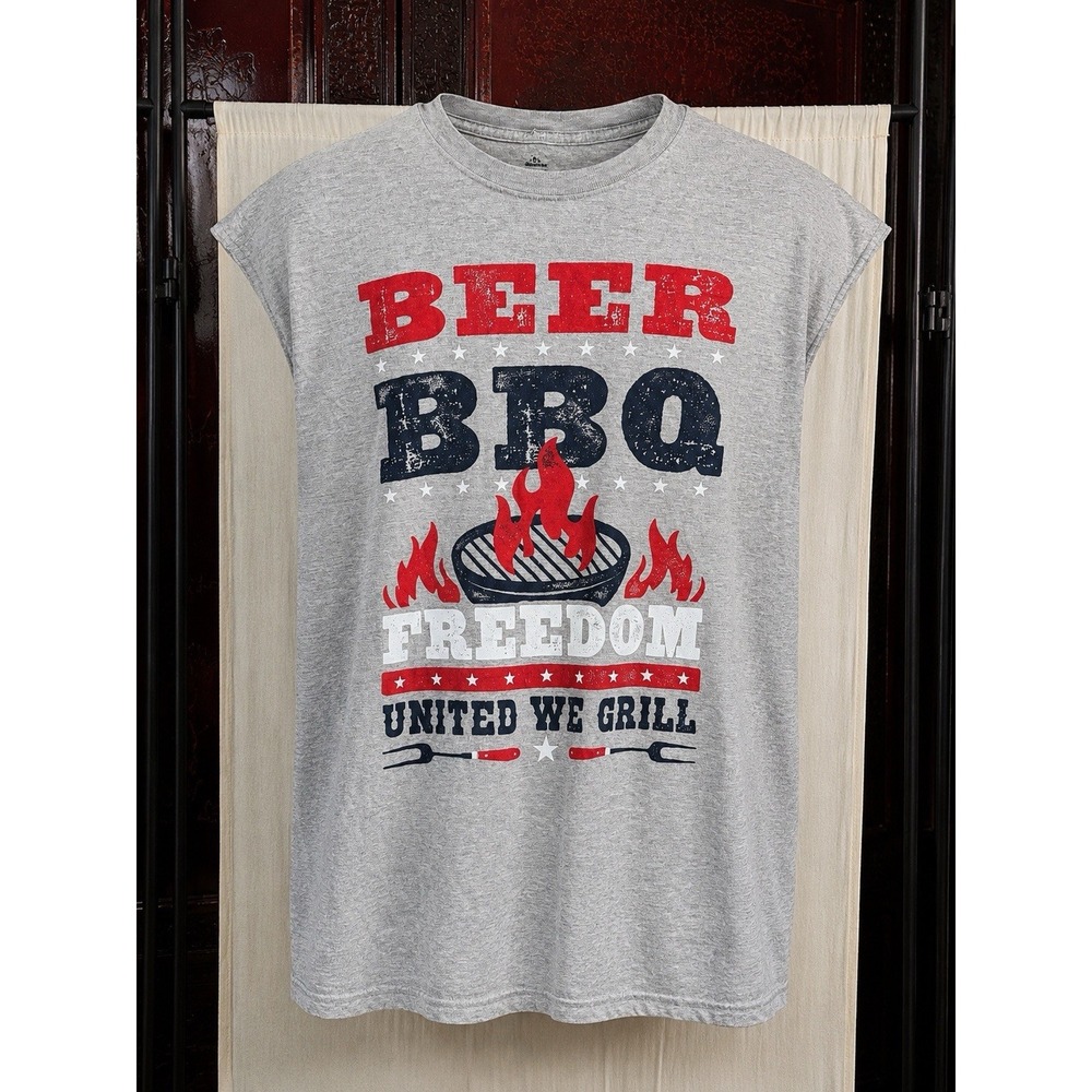 Celebrate Patriotic Beer BBQ Freedom Graphic Shirt men's 3XL Gray USA